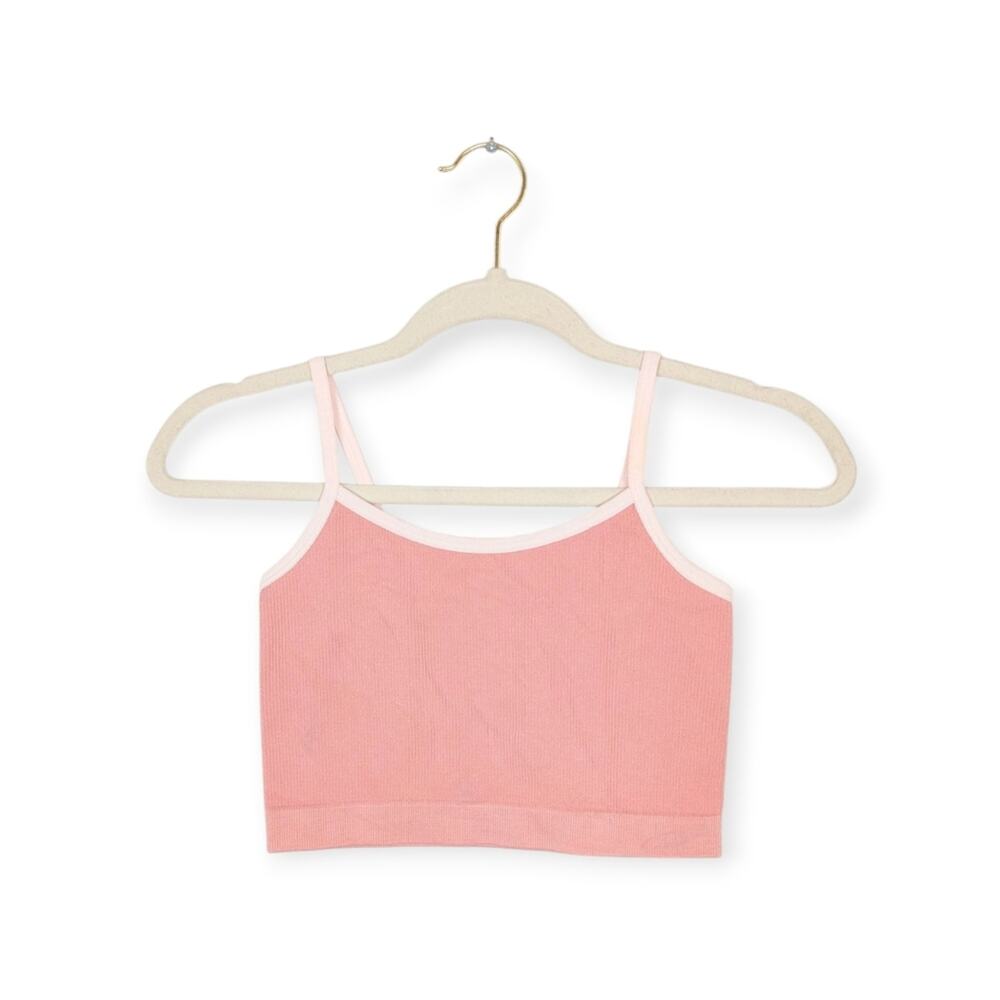NUX Sports Bra L Baby Pink Ribbed Piped Seamless Wireless Athletic Yoga